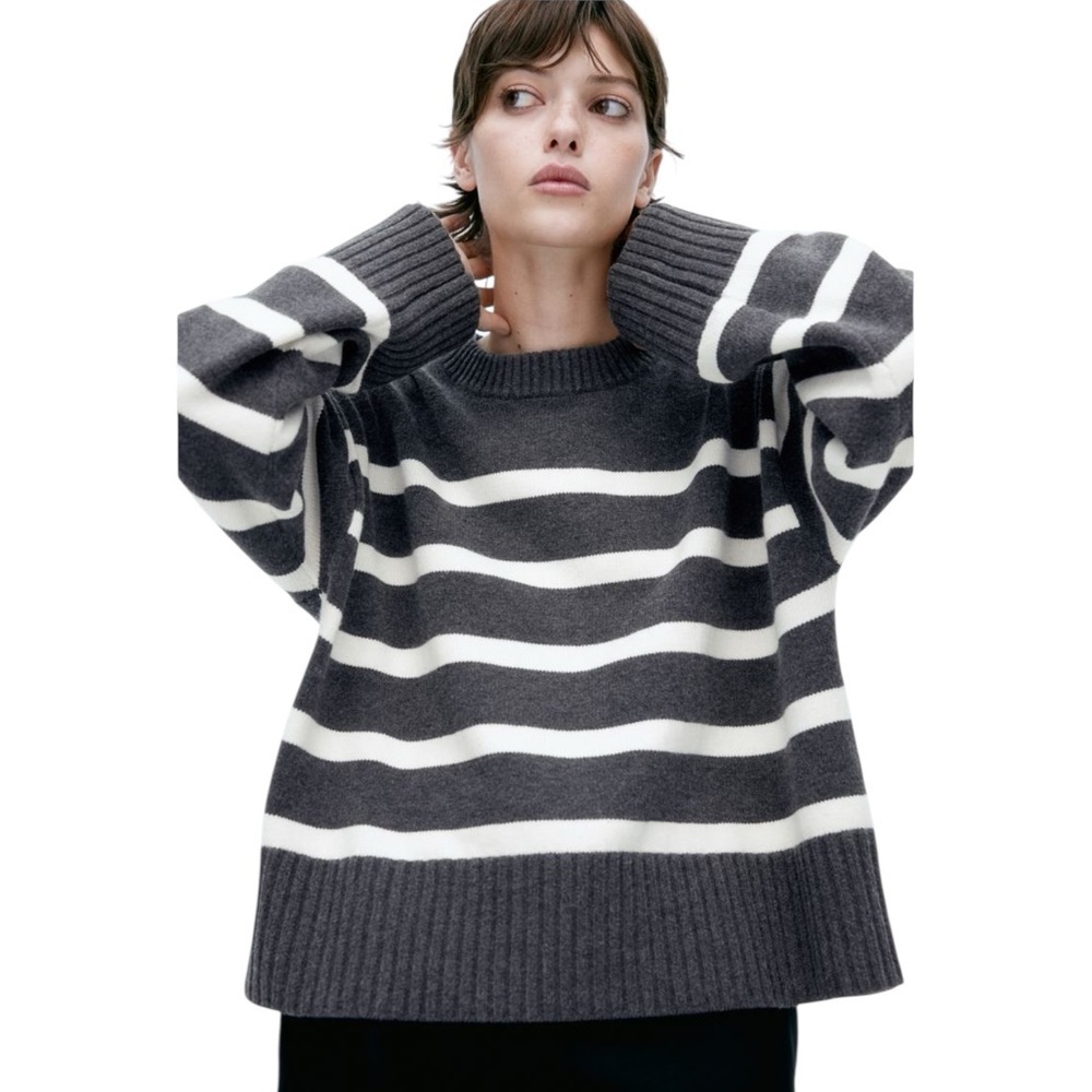 H&M Fine Knit Striped Gray and White Boxy Heavyweight Sweater Size S #1995